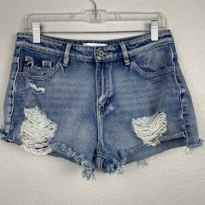 KanCan Los Angeles High Rise Denim Jean Shorts Womens Medium Blue Distressed